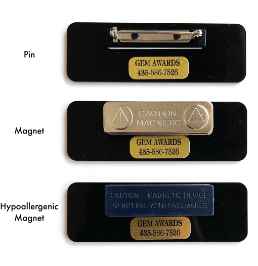 Name Tag Attachement Types. Magnetic & Pin Badges